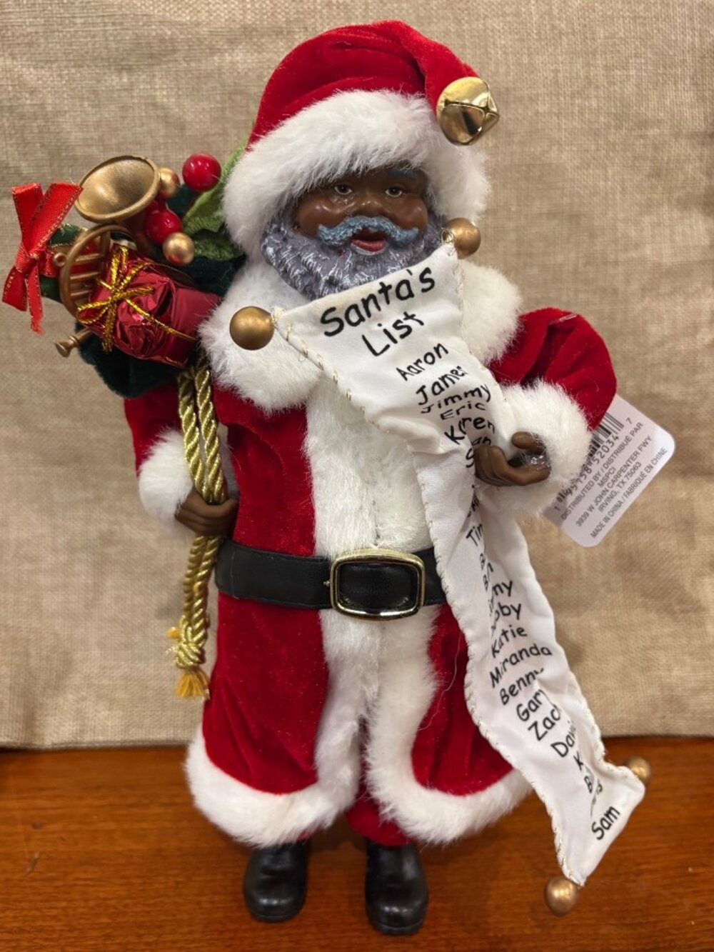 Black Santa Claus Figurine Santas List & Gift Bag 10.5" Christmas Blanta Decor